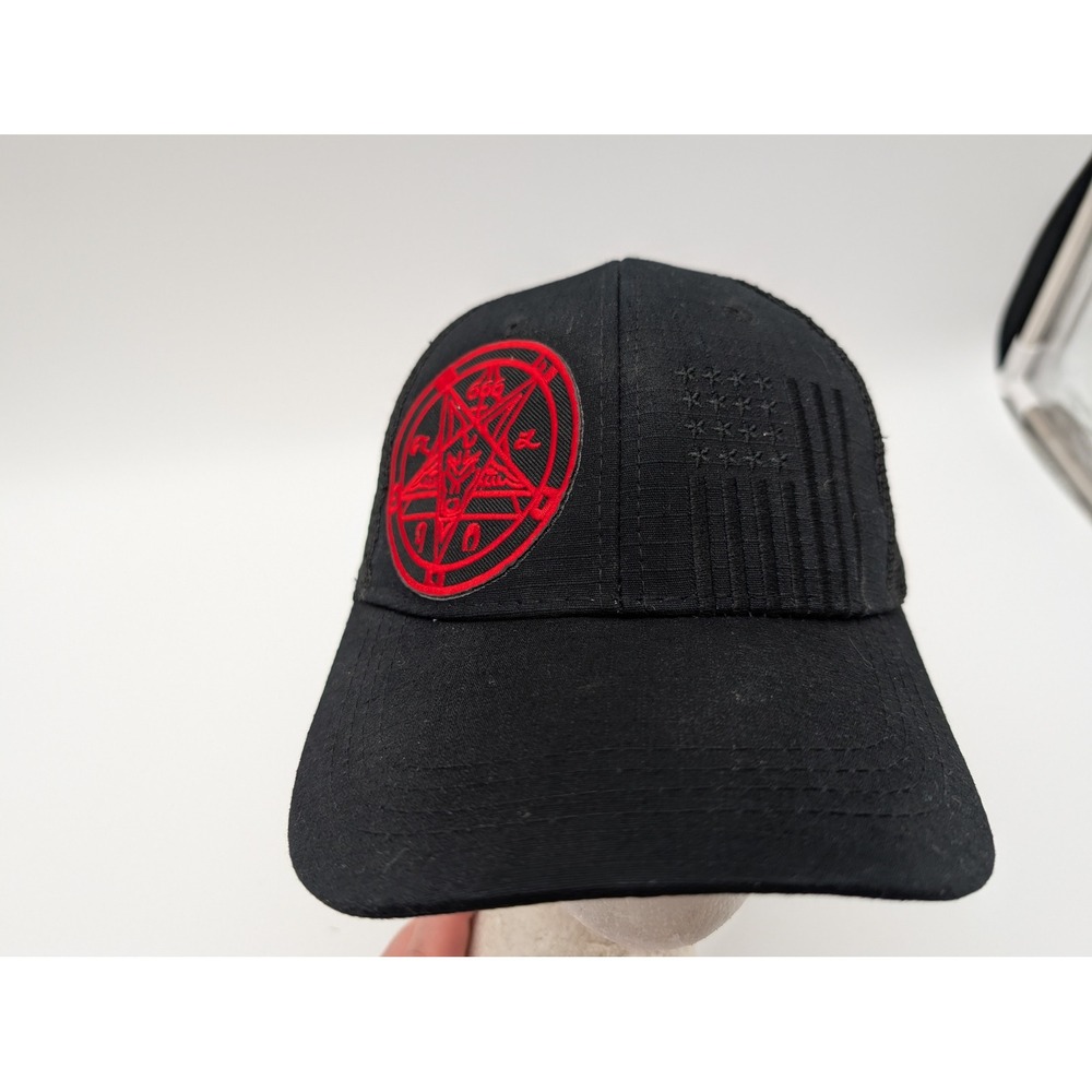 Highland Tactical Mens Black Trucker Hat Red Pentagram American Flag Snapback